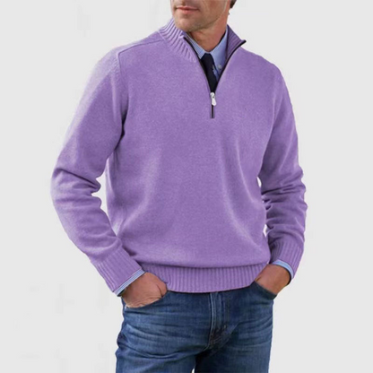 Men's half-zip mock neck sweater with long sleeves and ribbed trims