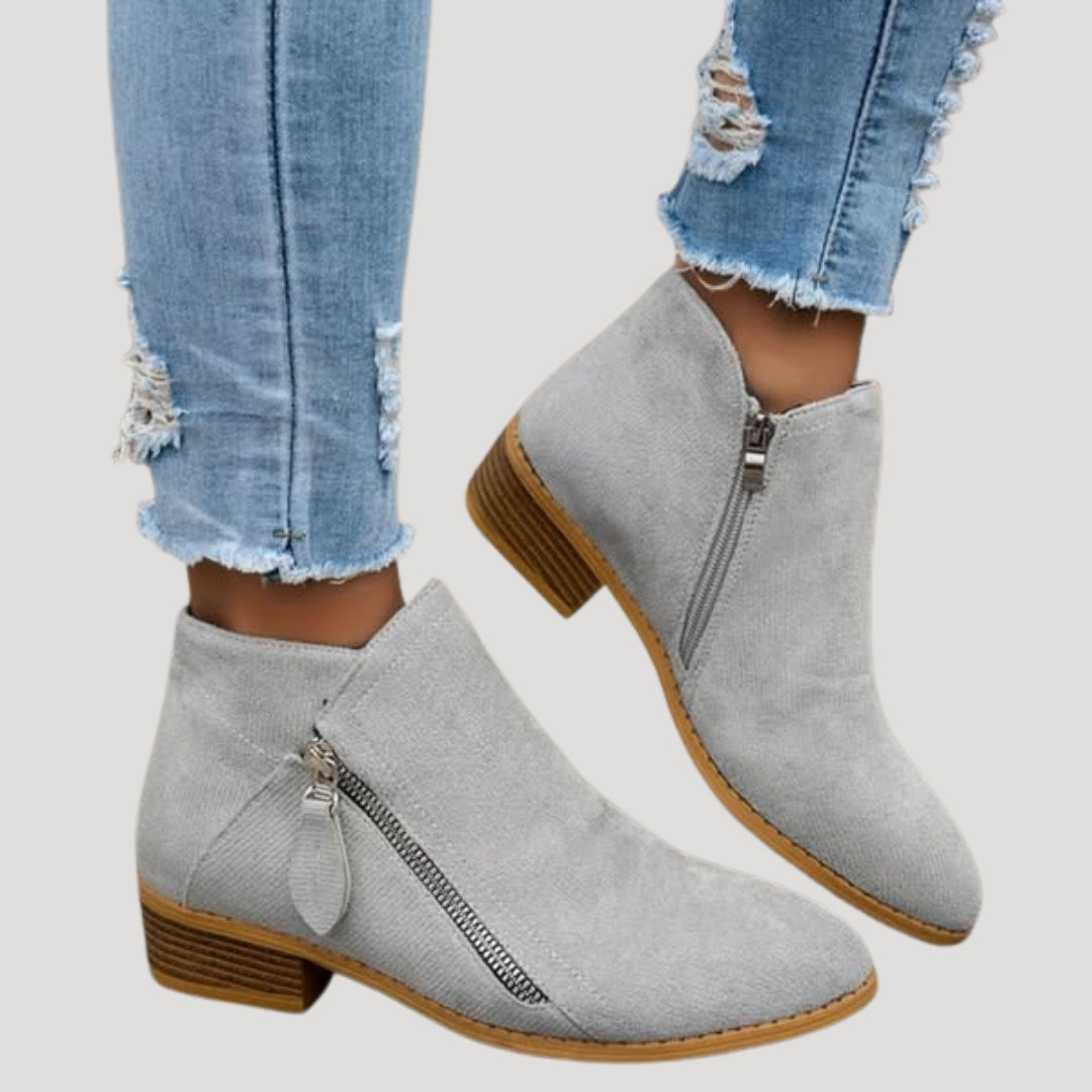 Women's ankle boots with side zippers and low block heels
