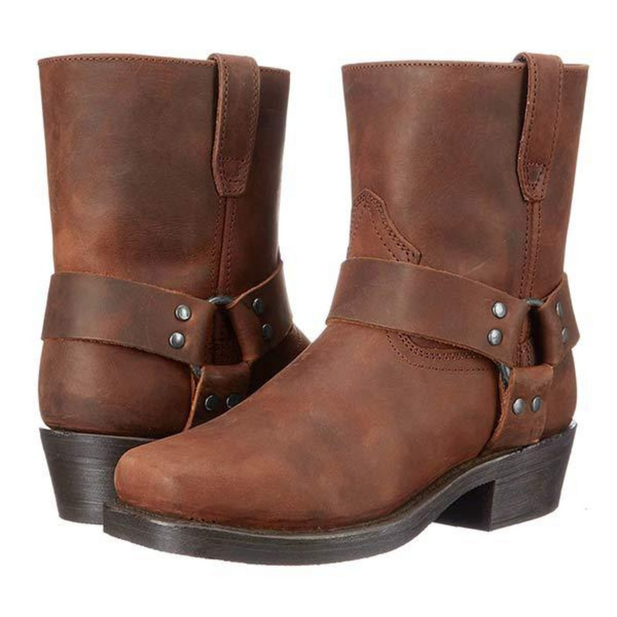 Men's cowboy boots with decorative strap, metal studs and low heel