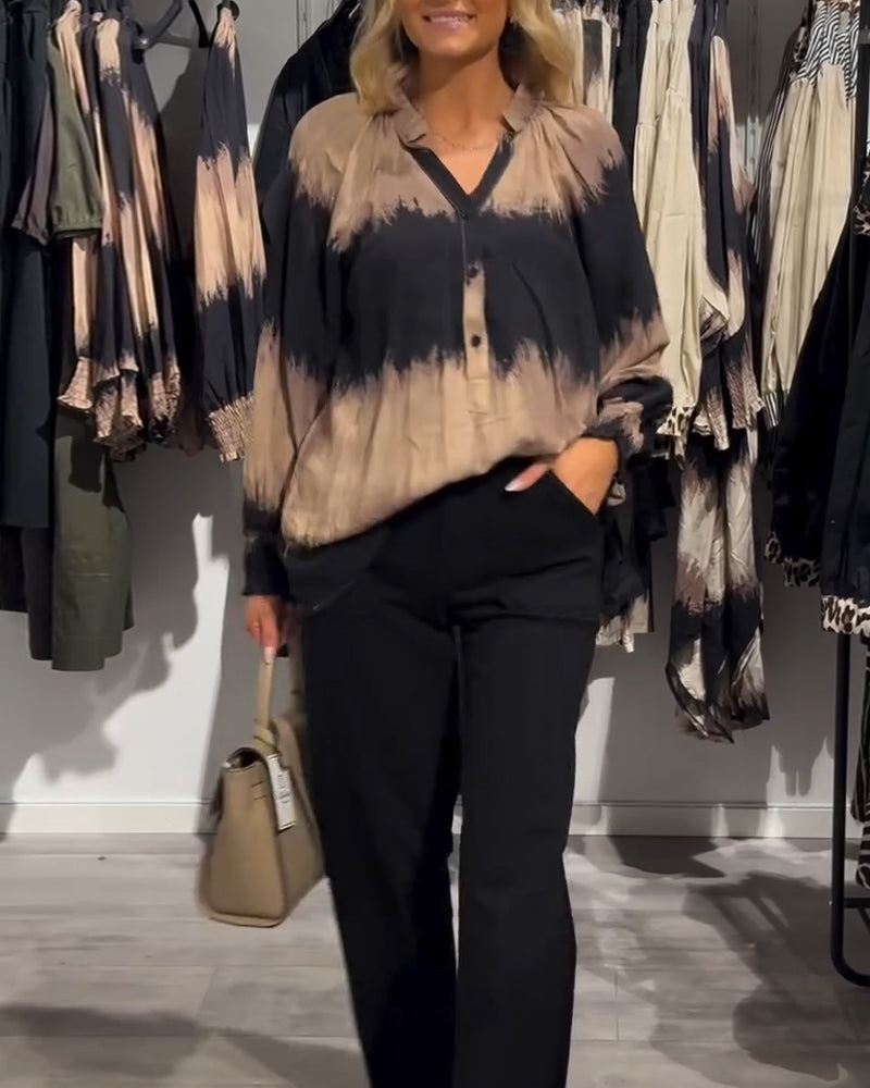 Women's brown and black tie-dye V-neck blouse with long sleeves and buttons