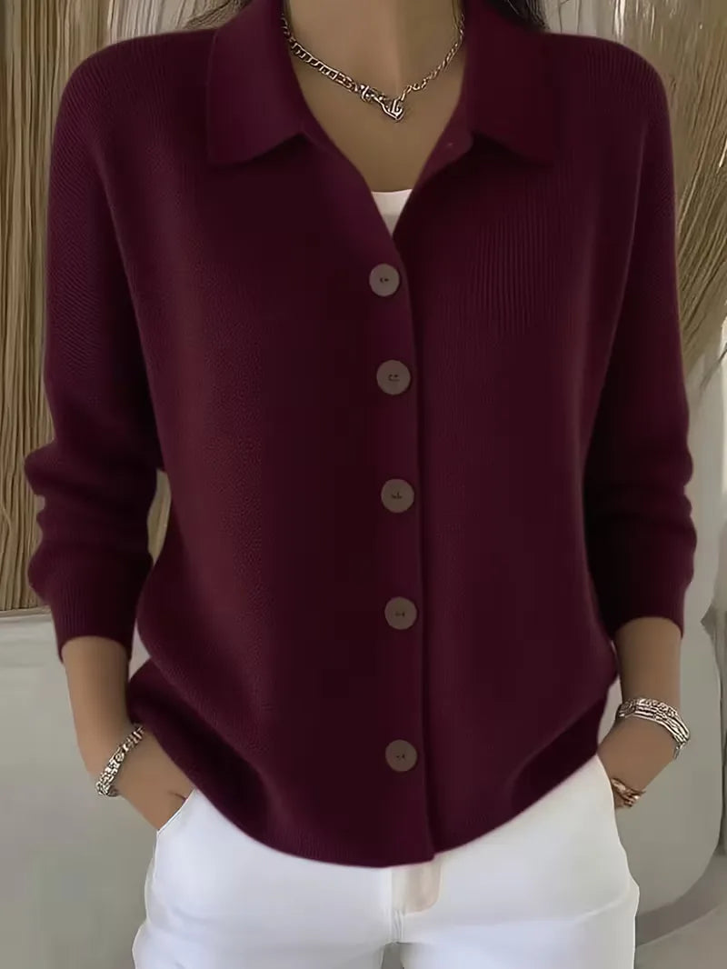 Women's textured button-front cardigan with pointed collar and long sleeves