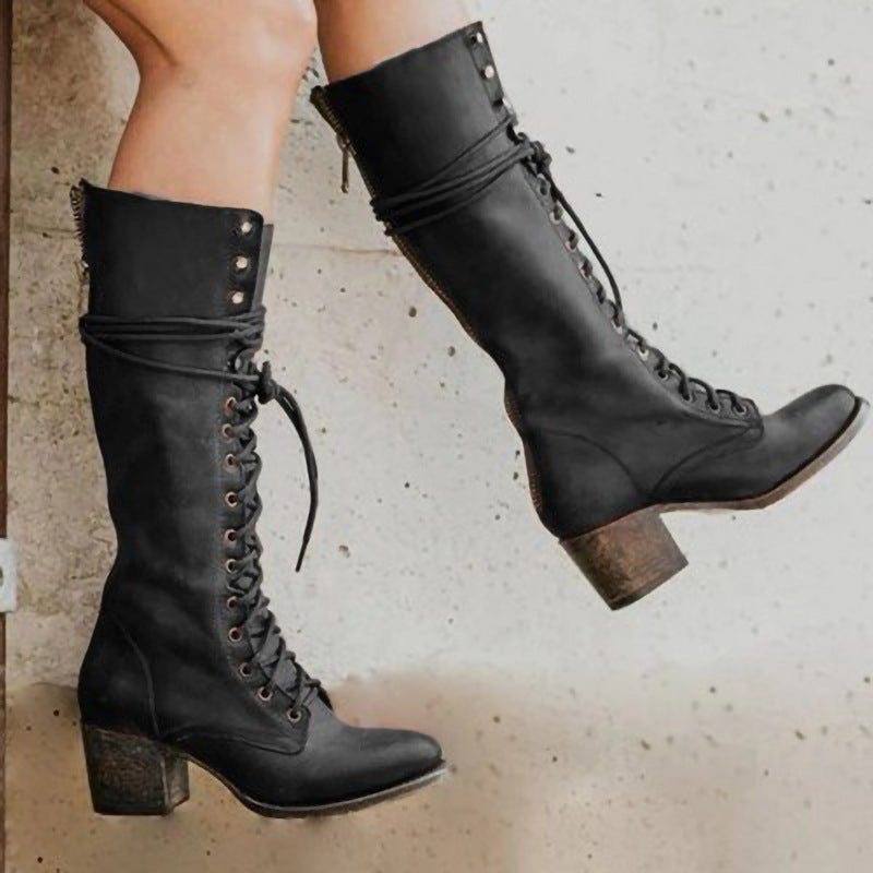 Women's knee-high lace-up boots with block heels and side zips