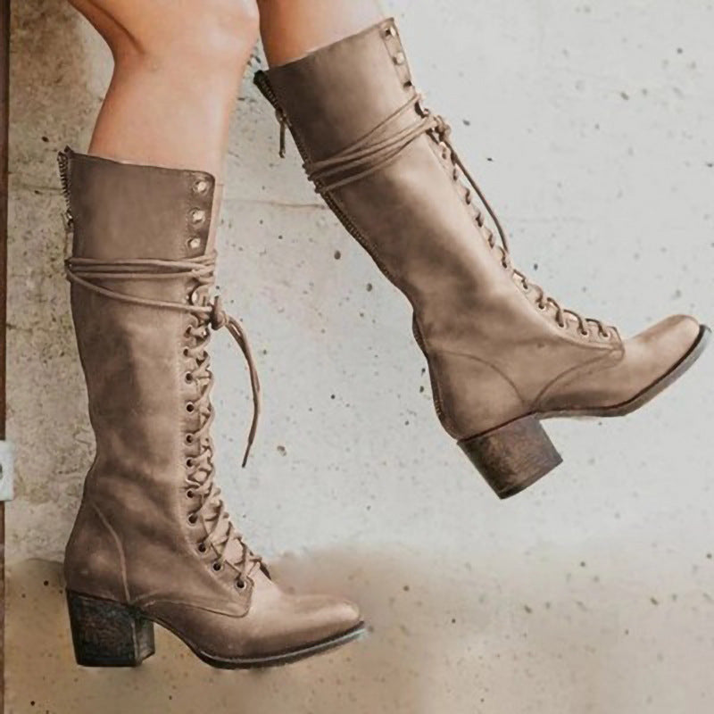 Women's knee-high lace-up boots with block heels and side zips