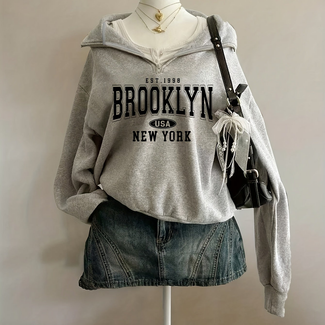 Women's Brooklyn graphic hoodie with hood and partial zipper