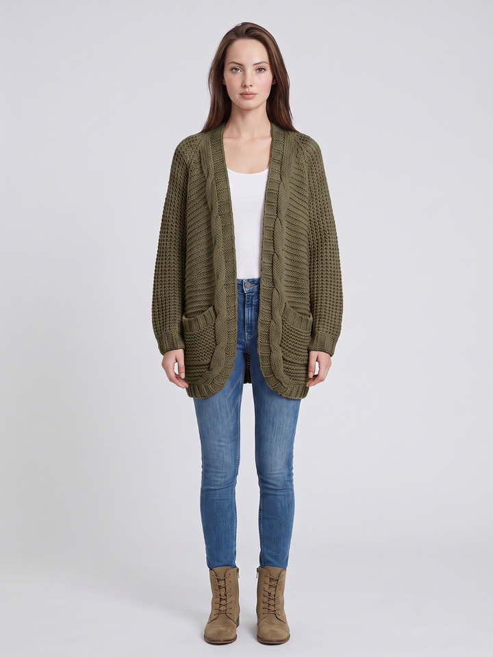 Women's oversized cable knit cardigan with open front and patch pockets