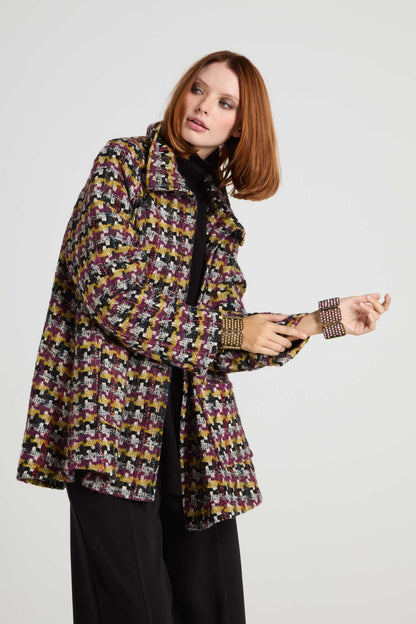 Women's multicolour patterned coat with wide collar and long sleeves