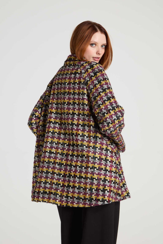 Women's multicolour patterned coat with wide collar and long sleeves