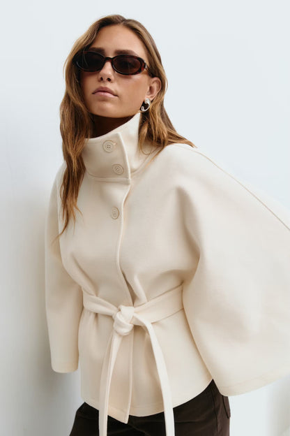 Women's cape coat with high collar and tie belt