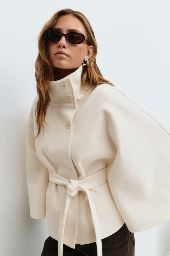 Women's cape coat with high collar and tie belt