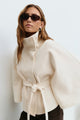 Women's cape coat with high collar and tie belt