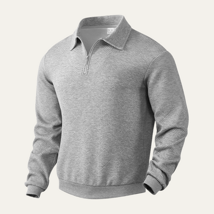 Men's textured quarter zip sweater with collared neckline and long sleeves