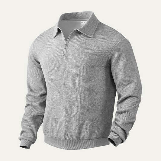 Men's textured quarter zip sweater with collared neckline and long sleeves