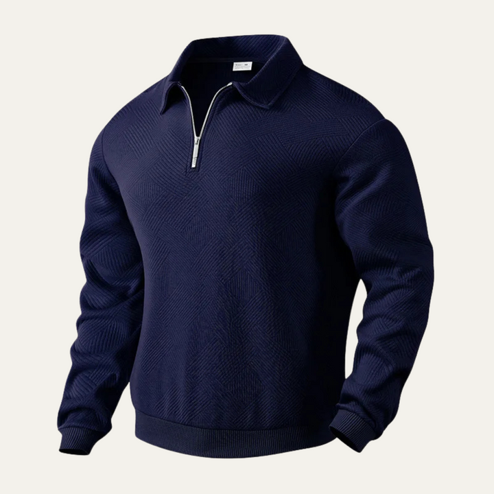 Men's textured quarter zip sweater with collared neckline and long sleeves