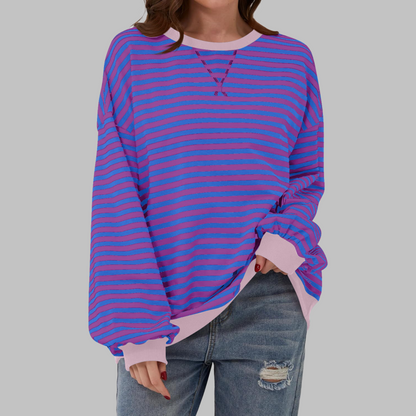 Women's striped crew neck sweatshirt with long sleeves and contrast ribbed trims