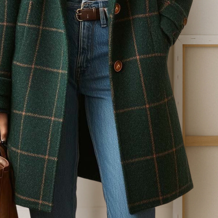 Women's long checked coat with notched lapels and button front