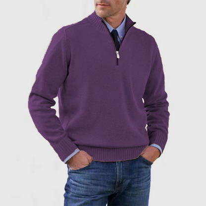 Men's half-zip mock neck sweater with long sleeves and ribbed trims