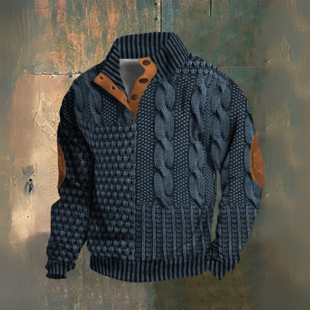 Men's textured cable knit sweater with high collar, button placket and sleeve patches