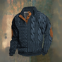 Men's textured cable knit sweater with high collar, button placket and sleeve patches
