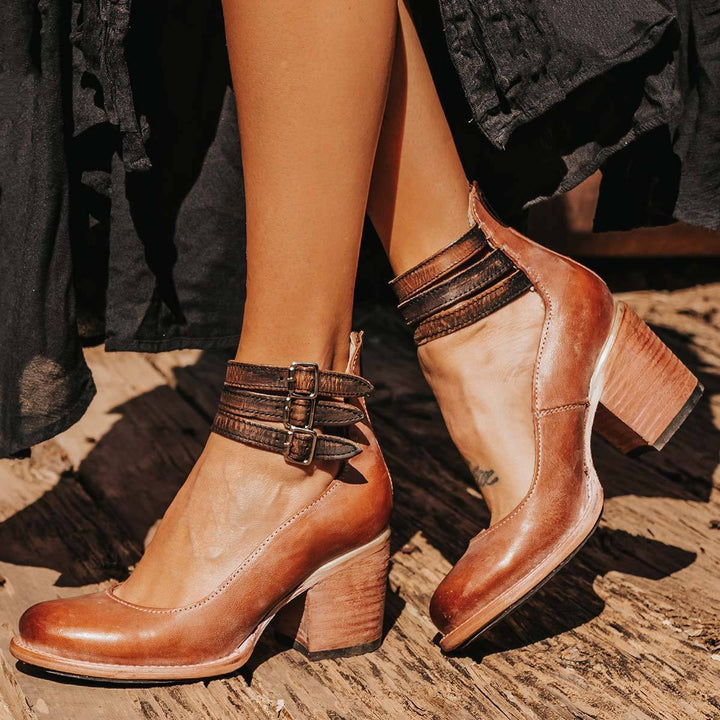 Women's ankle boots with three buckle straps and stacked block heels