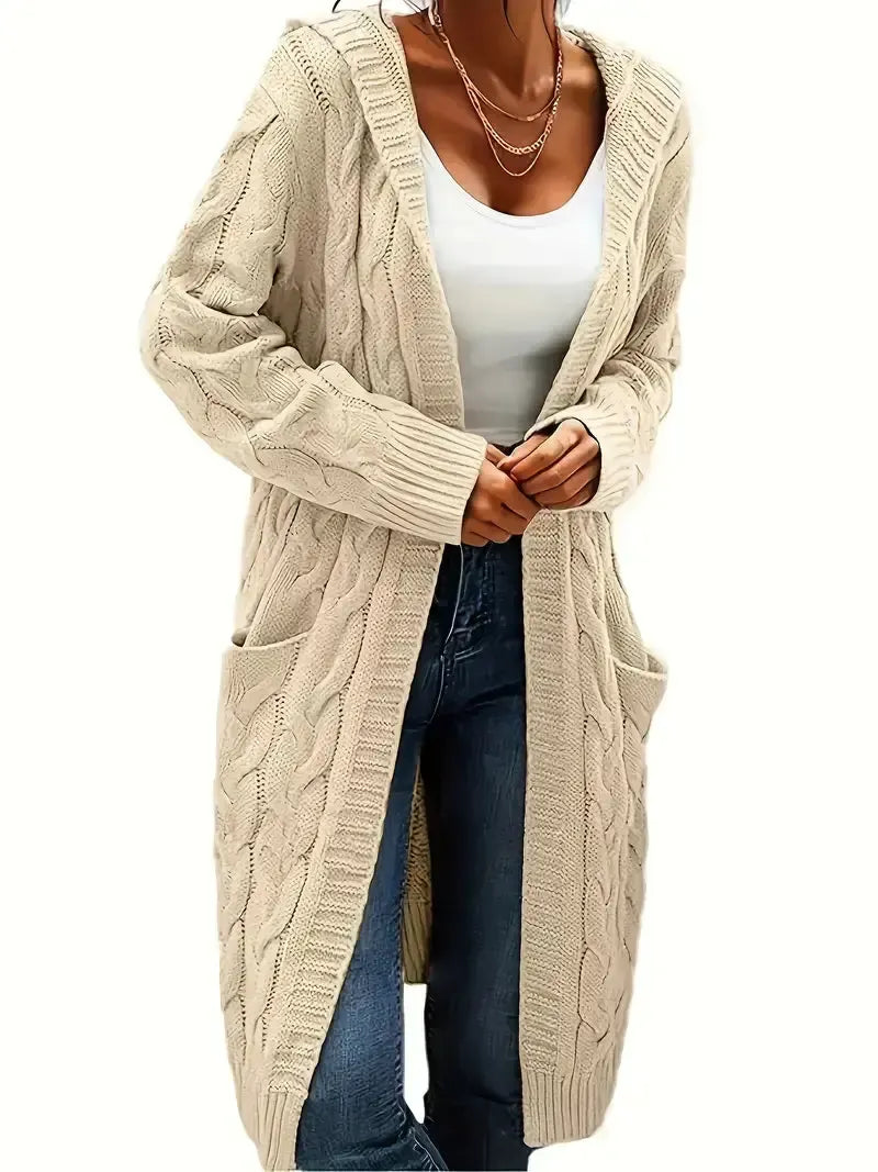 Women's longline textured open cardigan with long sleeves and side pockets