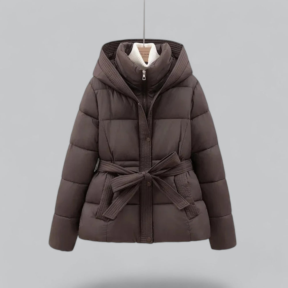 Women's hooded belted puffer jacket with quilted panels and front pockets
