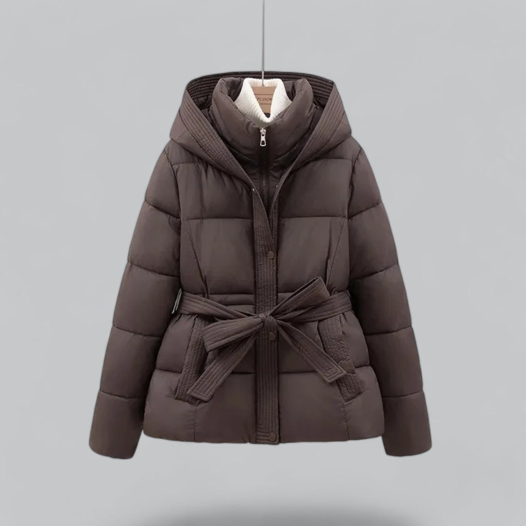 Women's hooded belted puffer jacket with quilted panels and front pockets