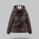 Women's hooded belted puffer jacket with quilted panels and front pockets