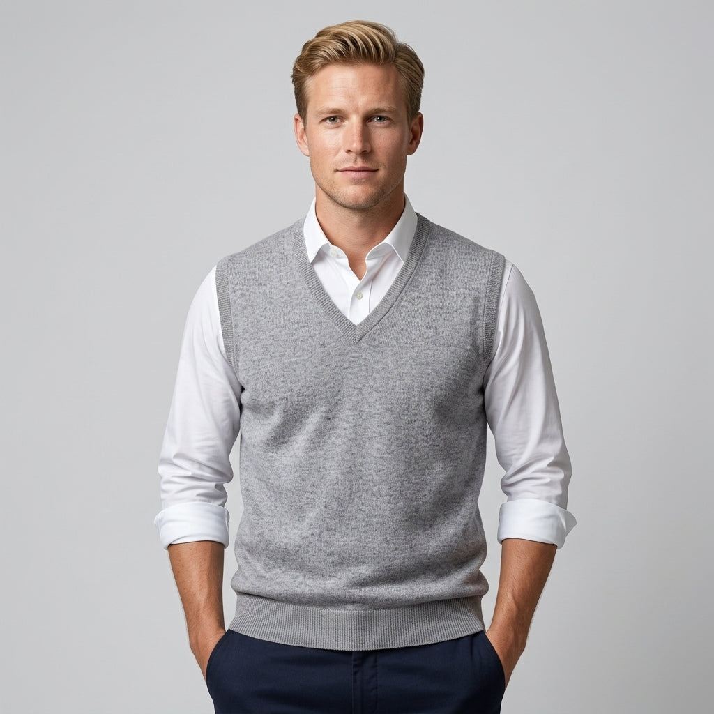 Men's sleeveless V-neck sweater vest layered over a collared shirt