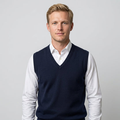 Men's sleeveless V-neck sweater vest layered over a collared shirt