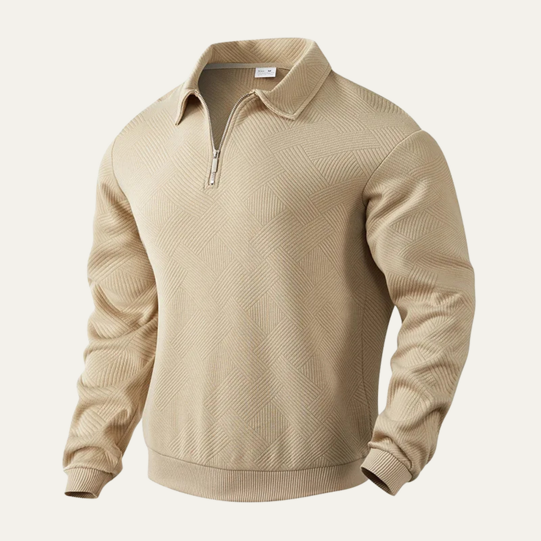Men's textured quarter zip sweater with collared neckline and long sleeves