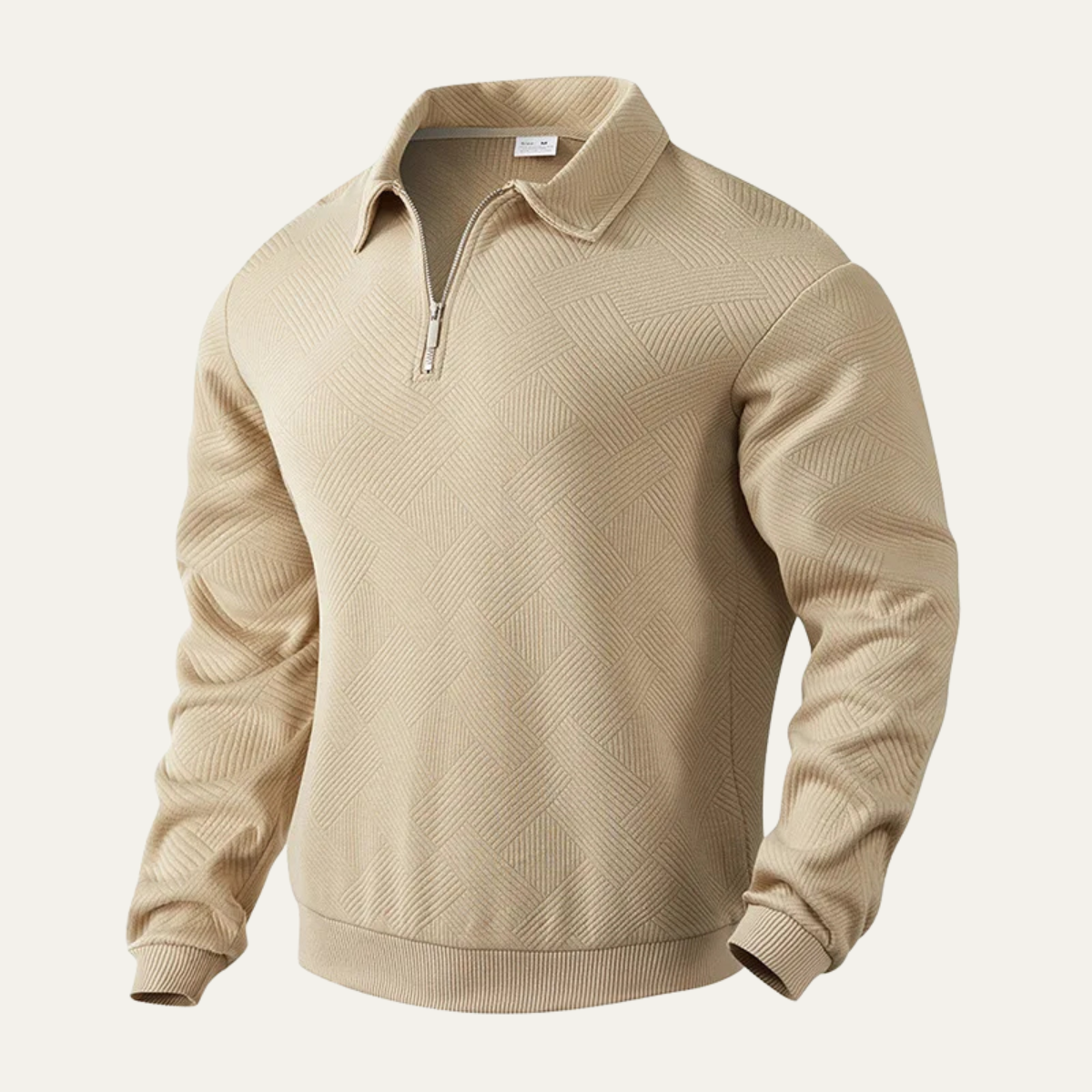 Men's textured quarter zip sweater with collared neckline and long sleeves
