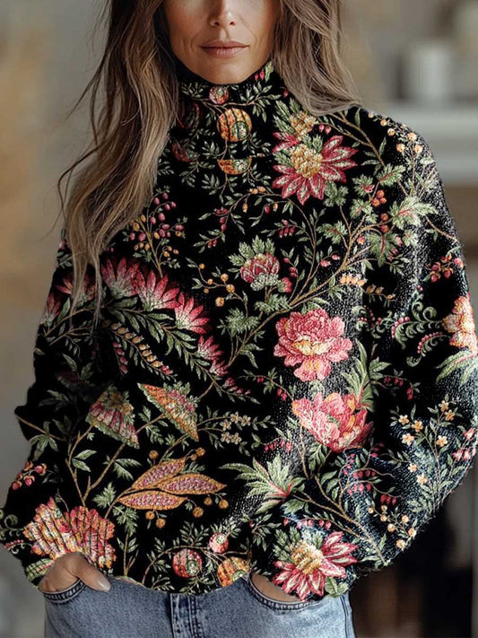 Women's black floral print turtleneck knit sweater with long sleeves