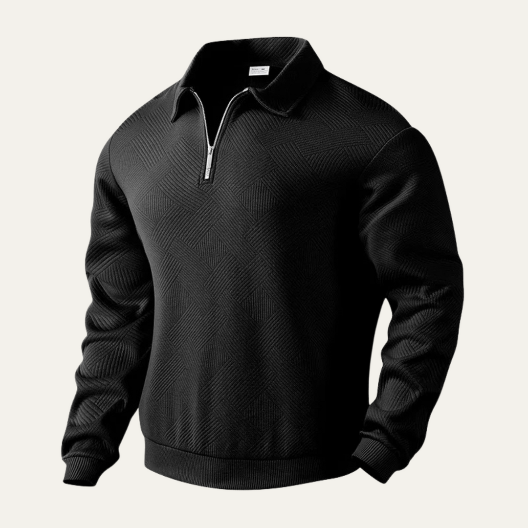 Men's textured quarter zip sweater with collared neckline and long sleeves