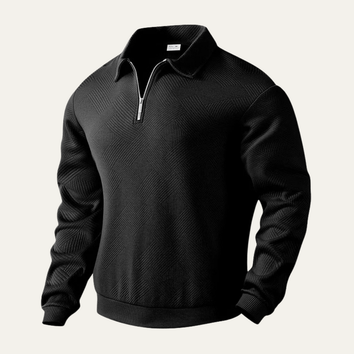 Men's textured quarter zip sweater with collared neckline and long sleeves