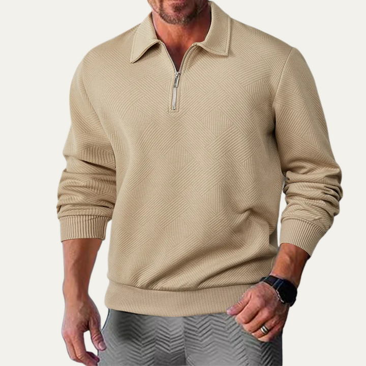Men's textured quarter zip sweater with collared neckline and long sleeves