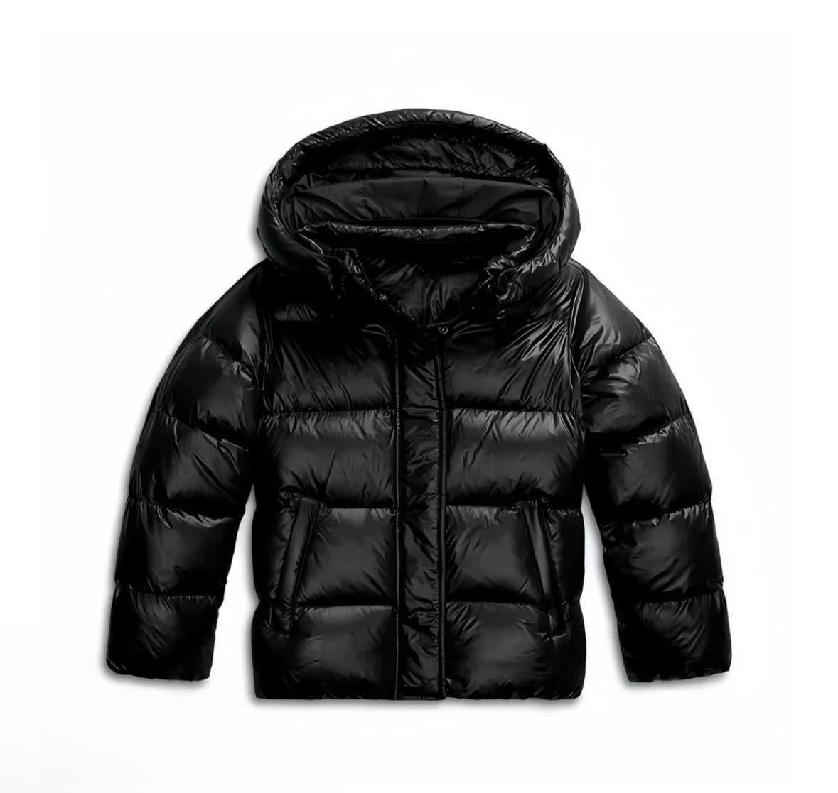Glossy hooded puffer jacket with horizontal padded panels and front pockets