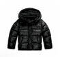 Glossy hooded puffer jacket with horizontal padded panels and front pockets