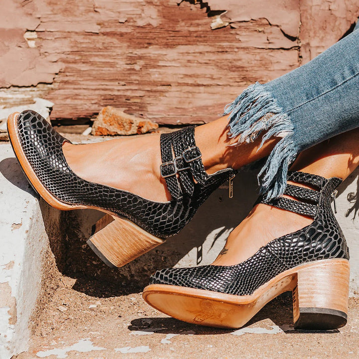Women's ankle boots with three buckle straps and stacked block heels