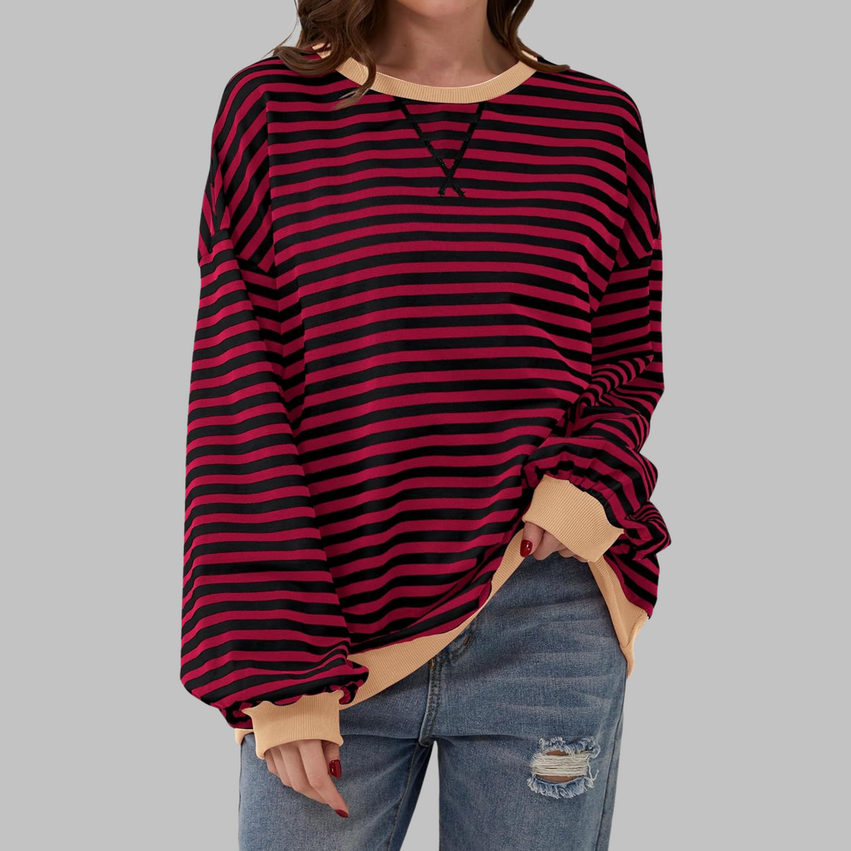 Women's striped crew neck sweatshirt with long sleeves and contrast ribbed trims