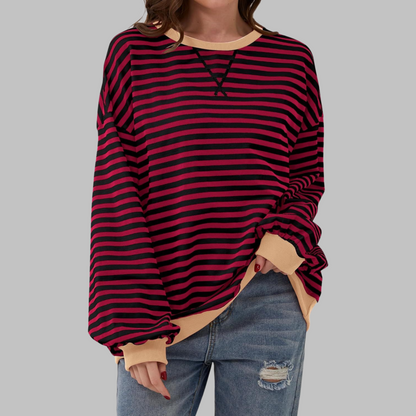 Women's striped crew neck sweatshirt with long sleeves and contrast ribbed trims