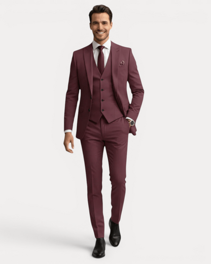 Men's three-piece suit with notched lapels, buttoned waistcoat and tailored trousers