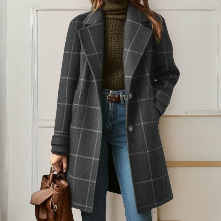 Women's long checked coat with notched lapels and button front