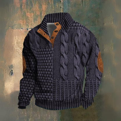 Men's textured cable knit sweater with high collar, button placket and sleeve patches