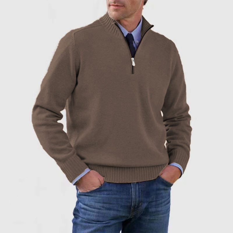 Men's half-zip mock neck sweater with long sleeves and ribbed trims