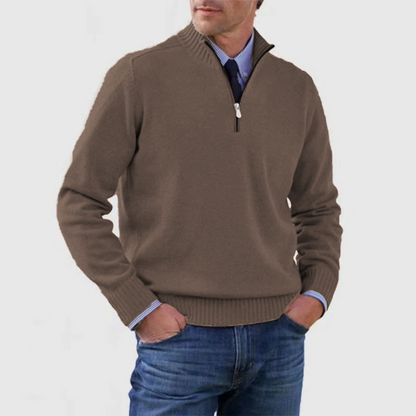 Men's half-zip mock neck sweater with long sleeves and ribbed trims