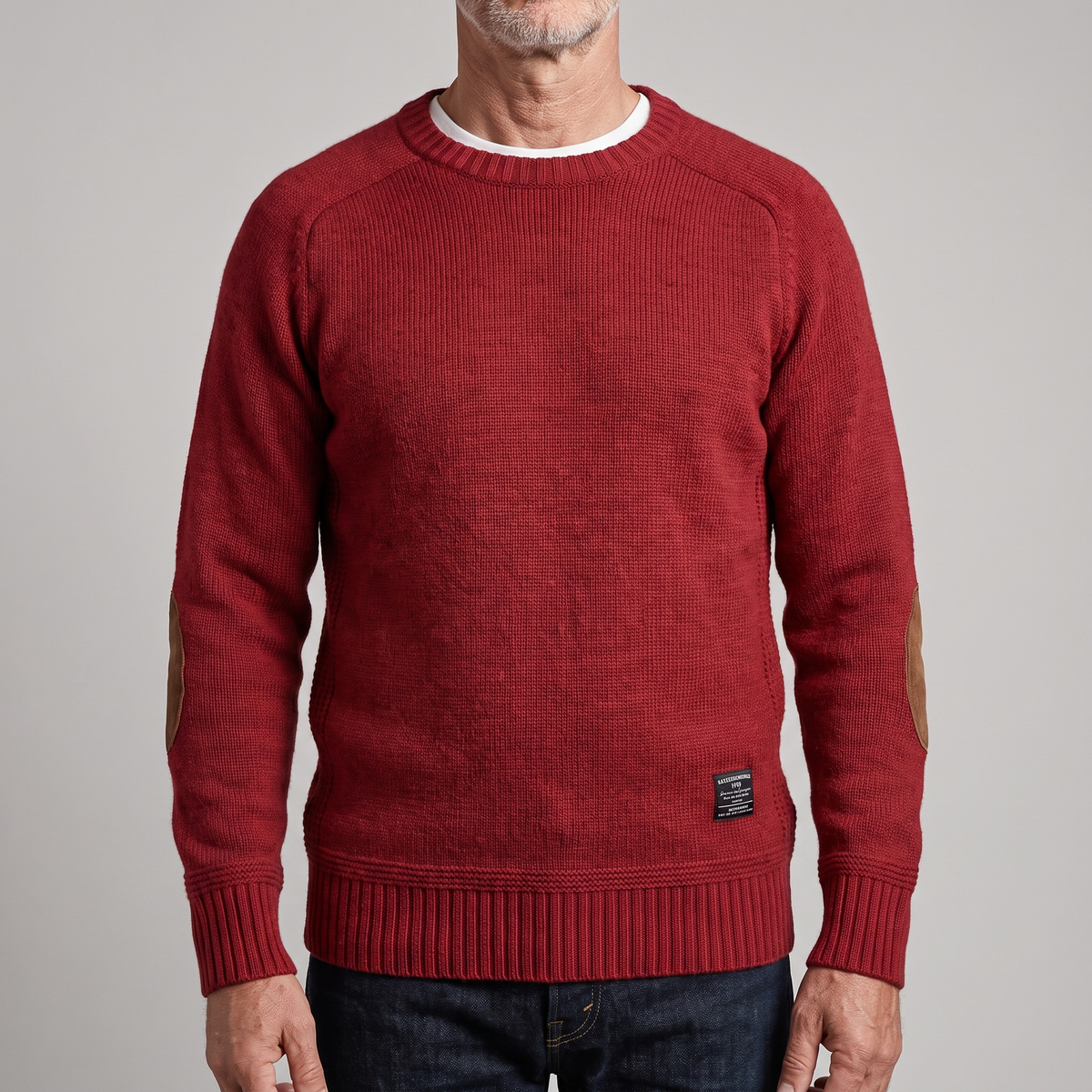 Textured crew neck knit sweater with contrasting elbow patches