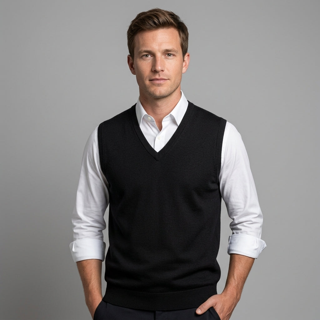 Men's sleeveless V-neck sweater vest layered over a collared shirt
