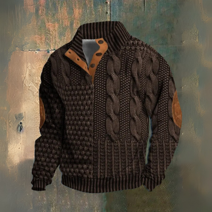 Men's textured cable knit sweater with high collar, button placket and sleeve patches