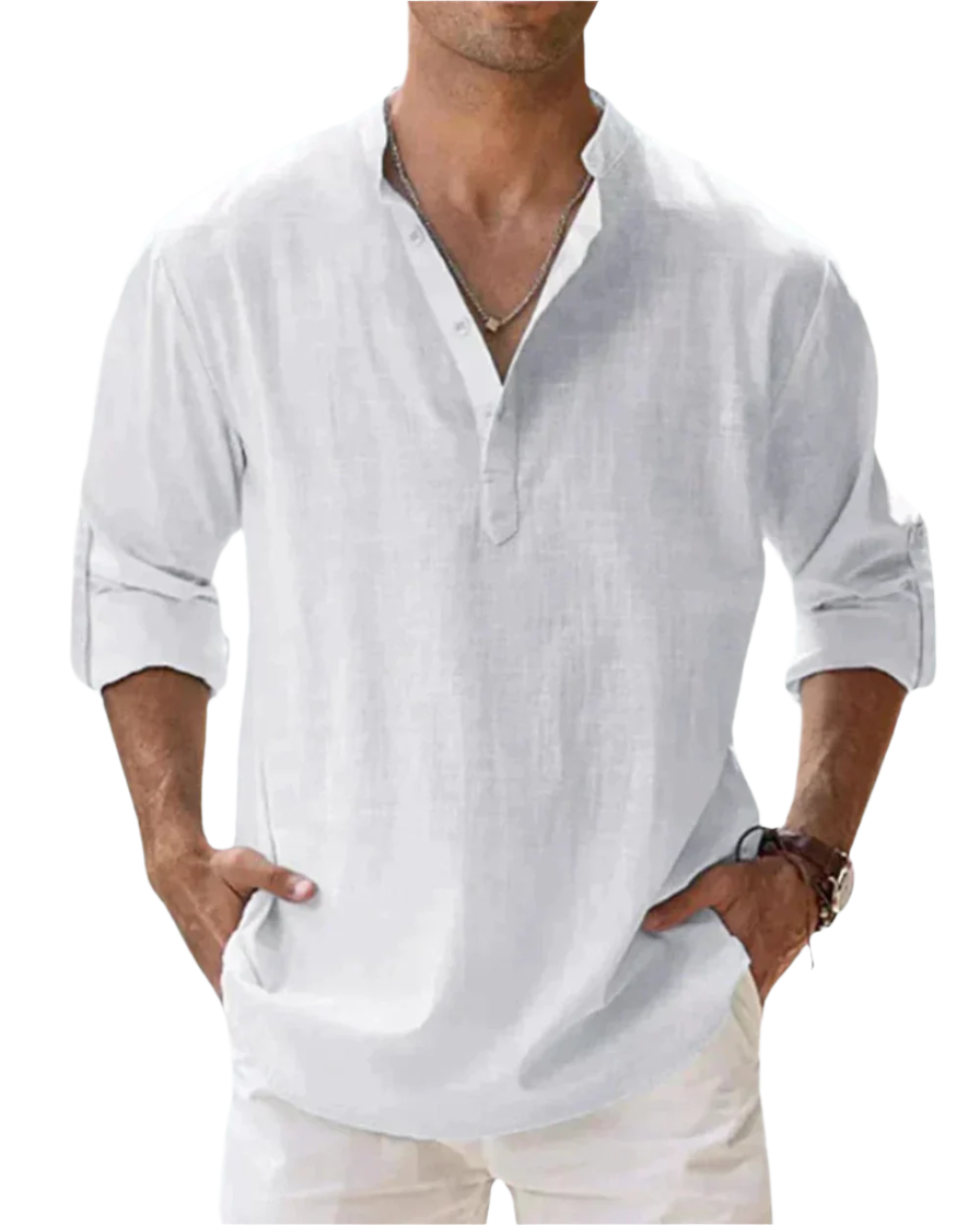 Men's solid long sleeve shirt with open collar and rolled sleeves