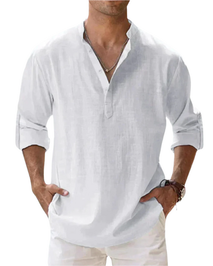 Men's solid long sleeve shirt with open collar and rolled sleeves